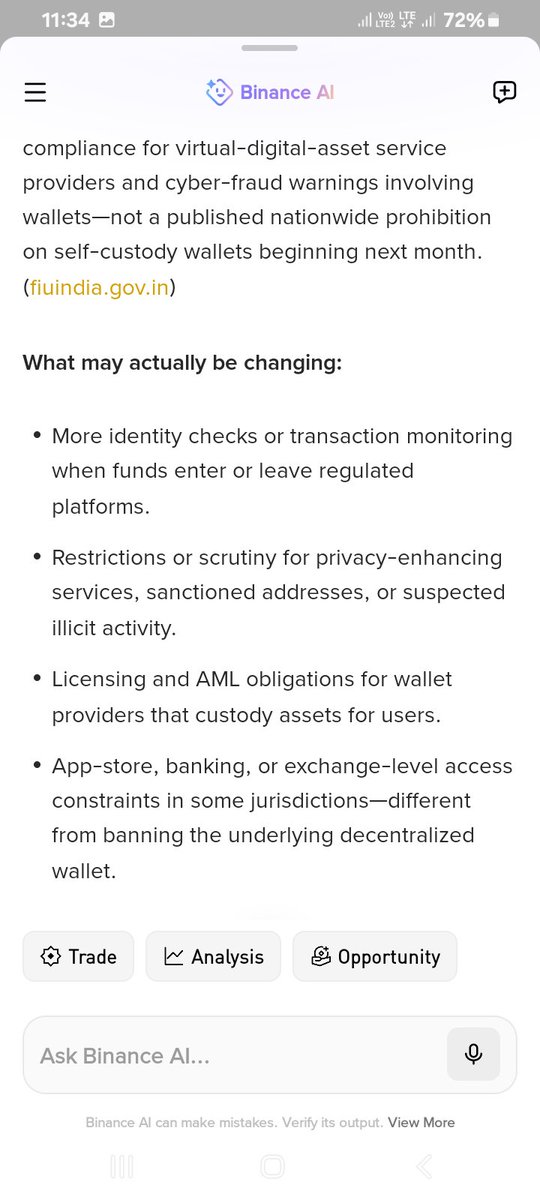 Janmejay2313's tweet photo. @binance All crypto wallets ban? โ False.
Checked with Binance AI - No official ban, only exchange regulation.
#BinanceAI https://t.co/xNcQCLn9ei