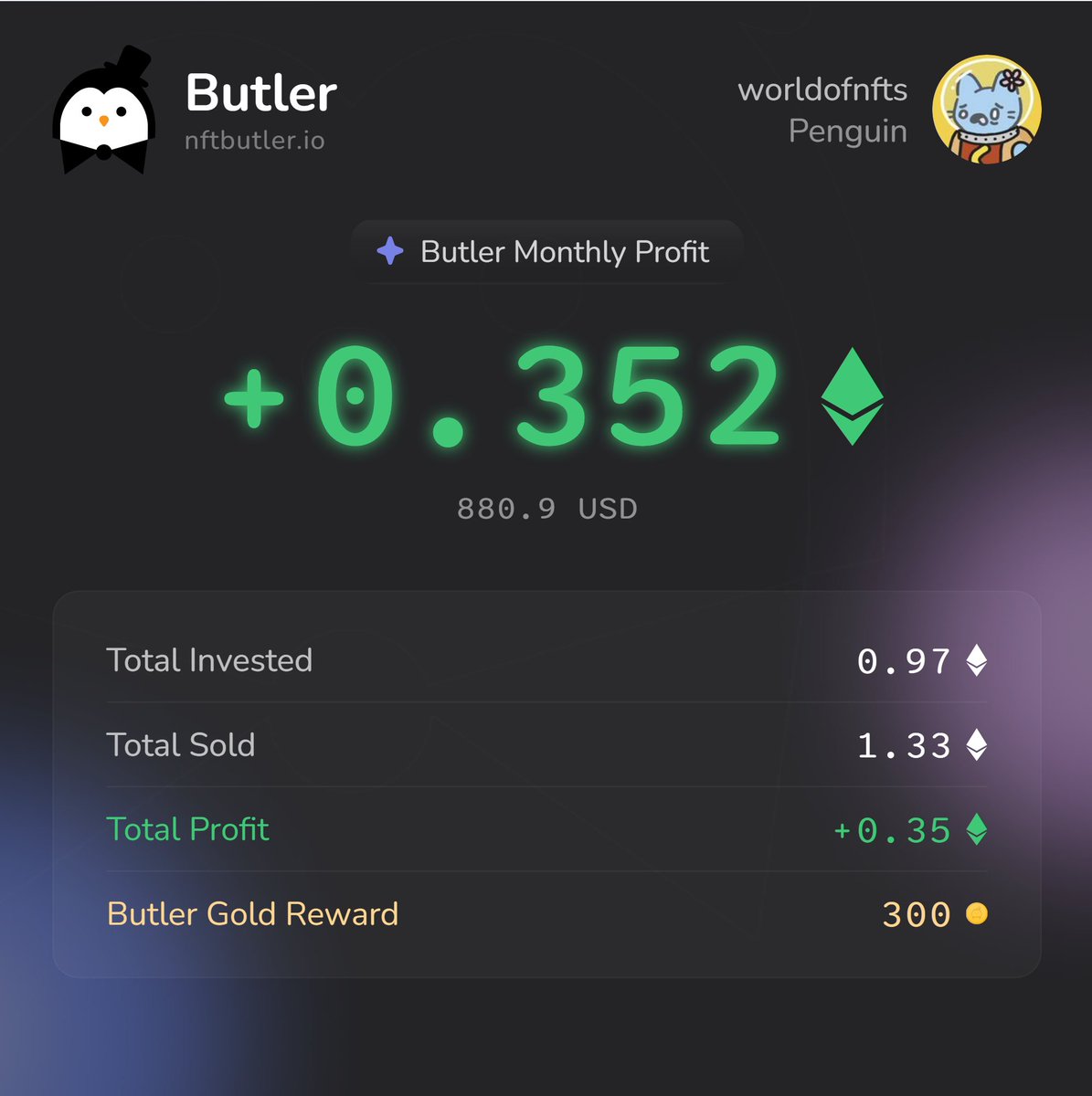 Vincentngnft's tweet photo. 0.352 Ξ in profit made in the last 10 days using @nftbutler 💰📈

Sharing on X to grab my extra 300 Butler Gold 🟠
Bidding’s a breeze with NFT Butler in my arsenal!  🐧

#NFT #NFTCommunity #NFTButler

https://t.co/xevYzlVzit https://t.co/a0Wd7QY0hg