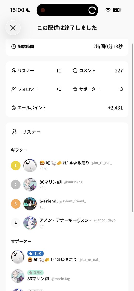 N_zu__03's tweet photo. 本日も配信ありがとうございました✨

クライナーは11/30達成しました🎉
多分22時以降にまた枠開く…かも？

今からちょっと休憩(　ﾟдﾟ)ｸﾜｯ
ギフト＆入室＆サポートありがとう💛

またねʢ•·̫•ʡﾉｼ https://t.co/qyE7Hg84N3