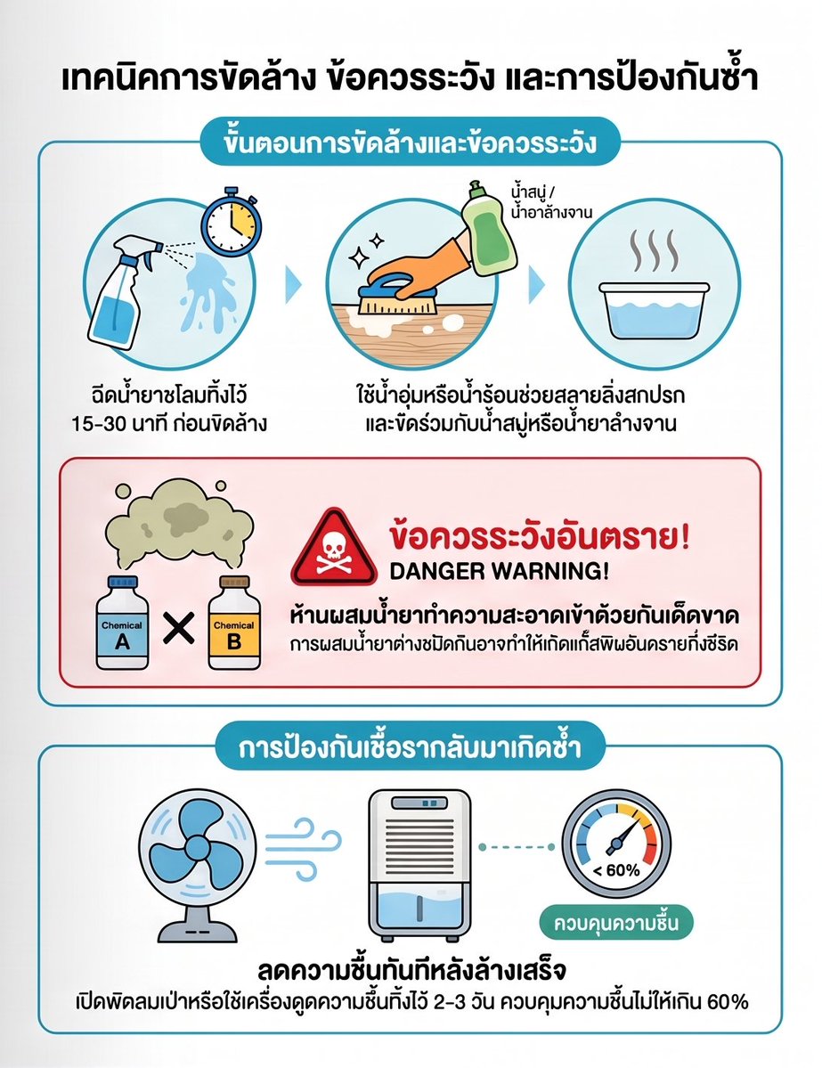 SunaOnne's tweet photo. นั่งดูคลิปของ #อากงนักเคมี เรื่องการจัดการเชื้อราหลังจาก #น้ำท่วม แล้วคิดถึงตอนปี 54 ที่ไม่ได้บ้านน้ำท่วม แต่เป็นคนโง่ ที่อพยพตัวเองหนีพื้นที่น้ำท่วมกลับบ้านนอก แล้วดึงปลั๊กตู้เย็นออก แต่ลืมเปิดประตูตู้เย็นทิ้งไว สภาพที่เจอคือ... กลับมาต้องมานั่งทำความสะอาดตู้เย็นเป็นวันๆ 😥

ซึ่ง #เชื้อรา เนี่ย มันมาแล้วฝังลึก เป็นสิ่งที่เราต้องกำจัดให้ดี และนี่คือ วิธีกำจัดเชื้อราหลังน้ำท่วมอย่างได้ผลจากอากงนักเคมี

เลือกใช้น้ำยาทำความสะอาดให้เหมาะกับประเภทพื้นผิว
น้ำยาฟอกขาว (โซเดียมไฮโปคลอไรต์): เหมาะสำหรับพื้นผิวแข็งที่ไม่มีรูพรุน เช่น กระเบื้อง ปูน กระจก หรือพลาสติก ข้อดีคือช่วยฟอกสีคราบดำของเชื้อราให้หายไปได้ดี แต่จะไม่ซึมเข้าวัสดุที่มีรูพรุน จึงกำจัดได้เฉพาะเชื้อราบนพื้นผิวเท่านั้น
น้ำส้มสายชู (กรดอะซิติก): เหมาะสำหรับวัสดุที่มีรูพรุน เช่น เนื้อไม้ ความเป็นกรดจะซึมเข้าไปกำจัดรากของเชื้อราได้ถึง 80% แม้จะไม่มีฤทธิ์ฟอกสีและอาจเหลือคราบจางๆ ซึ่งต้องออกแรงขัดร่วมด้วย (ใช้น้ำสบู่ น้ำยาล้างจาน หรือน้ำยาถูพื้นช่วยขัดร่วมด้วยได้)
ไฮโดรเจนเปอร์ออกไซด์: มีประสิทธิภาพสูงกว่าน้ำยาฟอกขาว โดยจะปล่อยแก๊สออกซิเจนออกมาเป็นฟองฟู่ช่วยดันคราบเชื้อราให้หลุดออก กำจัด DNA ของเชื้อรา และซึมผ่านพื้นผิวที่มีรูพรุนได้ดี
น้ำยาขจัดเชื้อราโดยเฉพาะ: มักเป็นสูตรผสมระหว่างโซเดียมไฮโปคลอไรต์กับสารลดแรงตึงผิว ซึ่งช่วยขจัดเชื้อราได้อย่างมีประสิทธิภาพ

เทคนิคการขัดและล้างทำความสะอาด
- ฉีดหรือทาน้ำยาทิ้งไว้ 15–30 นาที เพื่อให้น้ำยาออกฤทธิ์เต็มที่ก่อนเริ่มออกแรงขัดและล้างด้วยน้ำสะอาด
- ใช้น้ำอุ่นหรือน้ำร้อนช่วยล้าง เพื่อช่วยสลายคราบสิ่งสกปรกที่ทับซ้อนอยู่บนคราบเชื้อรา

⚠️ ข้อควรระวังอันตรายถึงชีวิต: ห้ามนำน้ำยาทำความสะอาดประเภทต่างๆ มาผสมเข้าด้วยกัน หรือผสมกับสารอื่นโดยเด็ดขาด เพราะจะทำให้เกิดแก๊สพิษที่เป็นอันตรายถึงชีวิตได้ //อันนี้จำได้แม่น จากการอ่านโคนัน
💧 ระวังความชื้นตกค้าง: หากมีความชื้นตกค้างเกิน 60% เชื้อราสามารถกลับมาเจริญเติบโตได้อีกภายใน 24–48 ชั่วโมง
🌬️ ต้องทำให้แห้งสนิท: หลังล้างทำความสะอาดเสร็จแล้ว แนะนำให้เปิดพัดลมเป่าอัด หรือใช้เครื่องดูดความชื้นเปิดทิ้งไว้ต่อเนื่อง 2–3 วัน เพื่อป้องกันเชื้อรากลับมาเติบโตซ้ำ