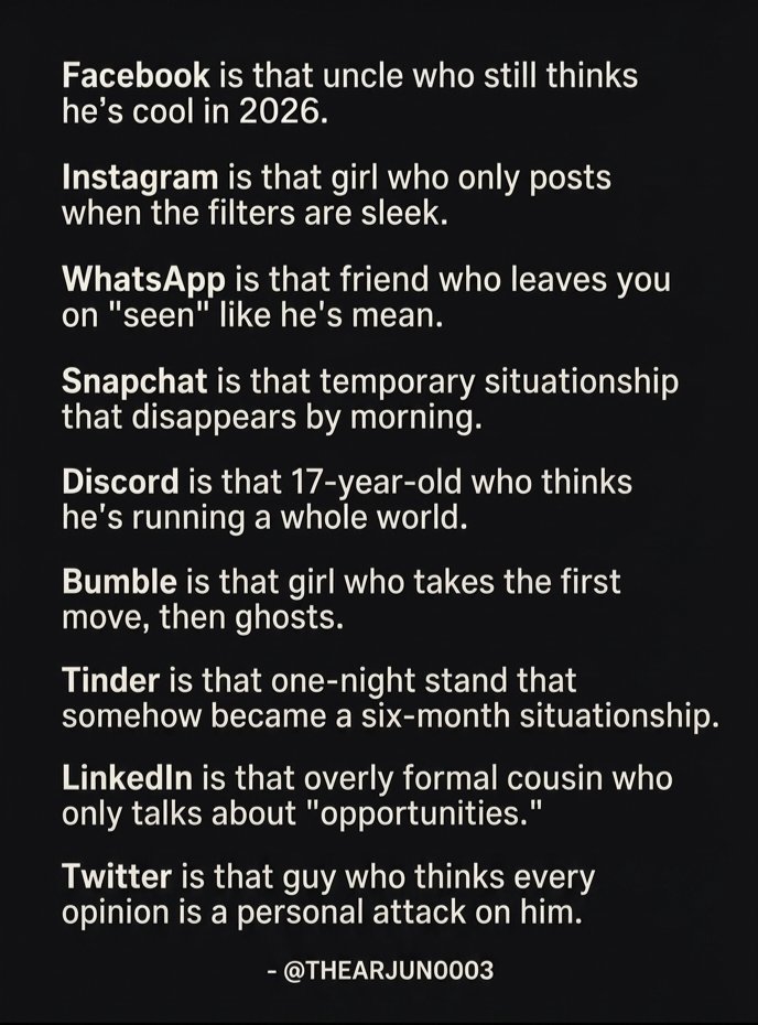 thearjun0003's tweet photo. If social media apps were actual people.📱

​Which one called you out the most? Let me know in the comments 👇

 Written by: @THEARJUN0003

​#thearjun0003 #thearjun #relatable #modernLife #writing #satire https://t.co/pFrnRiCnbL