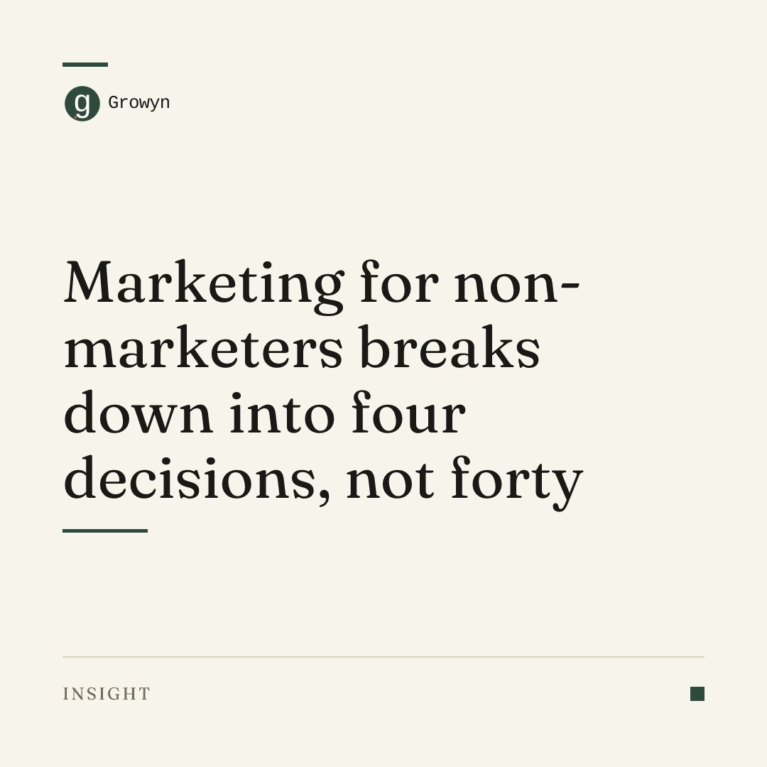 growynlabs's tweet photo. Marketing for non-marketers breaks down into four decisions, not forty: who you're for, where they already spend time, what you say when you find them, and what happens when they raise a hand.

Everything else is just execution. Following along as I build one out loud. https://t.co/rmvyIjtqjG