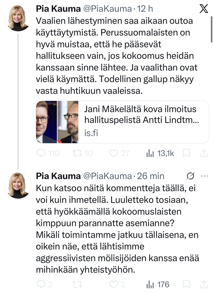 JaniMakelaFi's tweet photo. Muuten mieluusti kommentoisin näihin jotain kivaa, mutta se on vaikeaa kun arvon hallituskumppanin ryhmän 1. vpj on blokannut minut 🤷‍♂️ https://t.co/CTNaHBVDAt