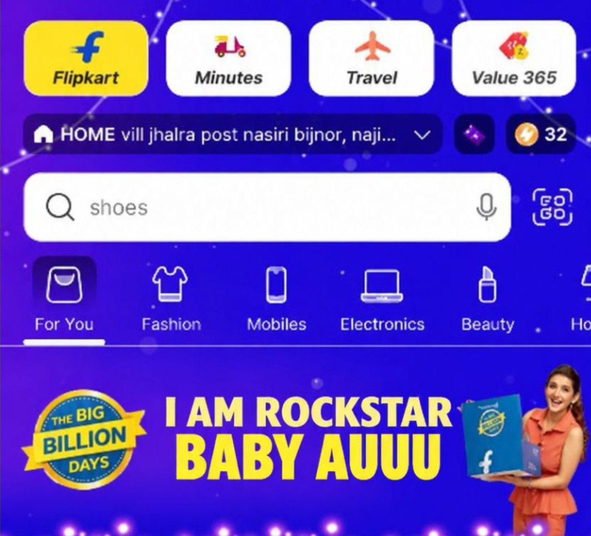 inomentll's tweet photo. Flipkart promoting The Big Billion Days on their app with Qazi's "I am a ROCKSTAR BABY, Auuu" ❤️🔥
Truly he is reaching peak popularity everyday amongst the general audience who doesn't even watch BB 🥹
#QaziTouqeer #BiggBoss20 #BB20
@qazitouqeerr https://t.co/5My2HB7BjA