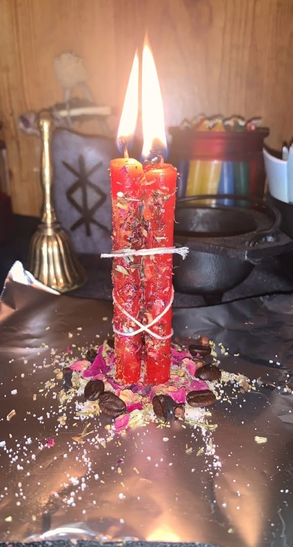 AriDivineRoots's tweet photo. 🔥 Twin Flame Love Candle Ritual in Progress 🔥  

Two red candles bound together, dressed with herbs, rose petals &amp; coffee beans  
Burning strong for attraction, passion &amp; reconciliation  

Custom love spells available now  
DM to book yours ❤️  

#ReconciliationSpell #TwinFlame https://t.co/bUqCHzNOjC
