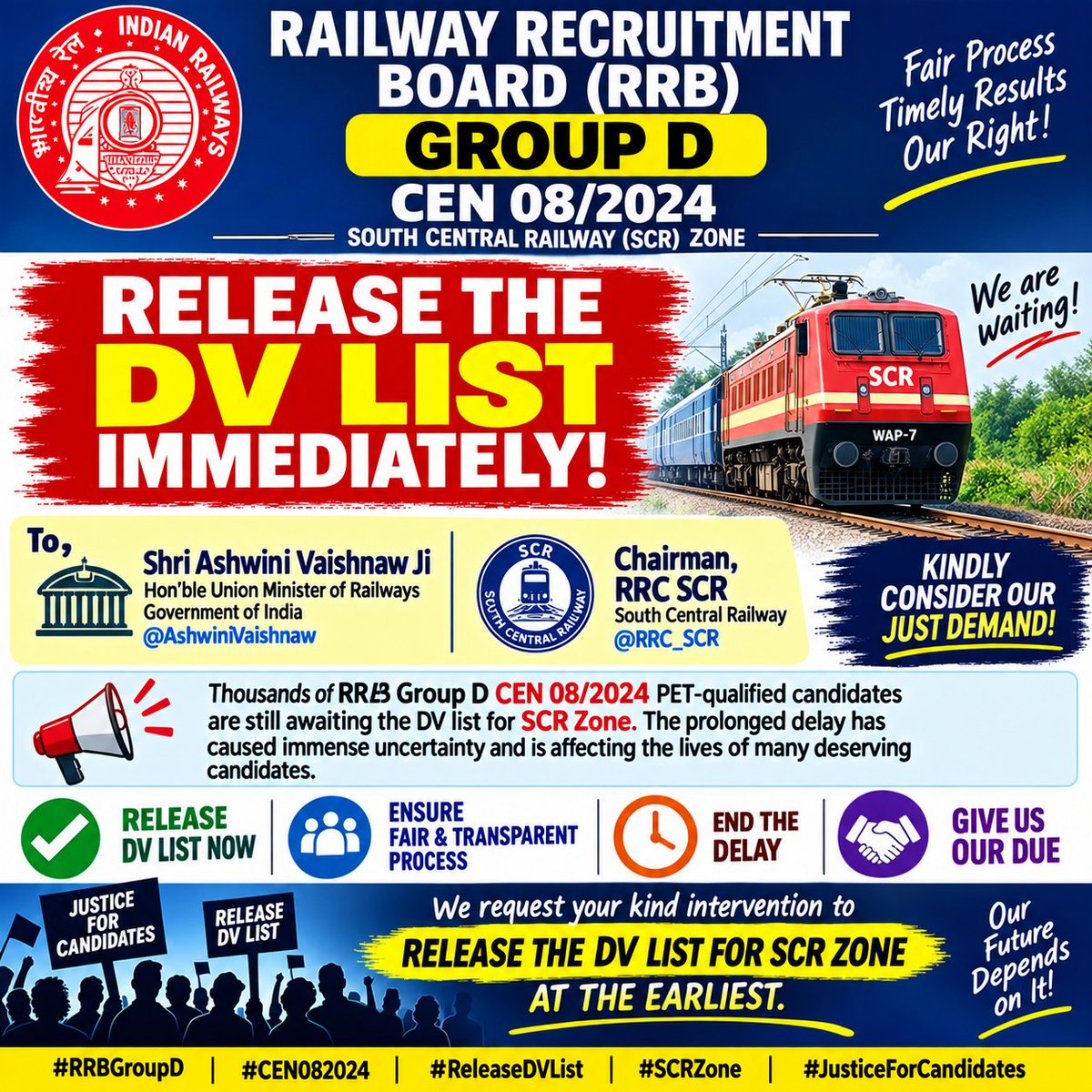 AlankaSai's tweet photo. 🚨JUSTICE DELAYED IS OPPORTUNITY DENIED!🚨
Release the DV list without any further delay!
#CEN082024_DV_RESULT_DO 
 @SCRailwayIndia 
#RRCSecunderabad #SouthCentralRailway #SCR
@AshwiniVaishnaw @Q_ResponseSCR @gmscrailway @GMSRailway @drmhyb @drmsecunderabad @RailMinIndia https://t.co/zoqLNwtKqT