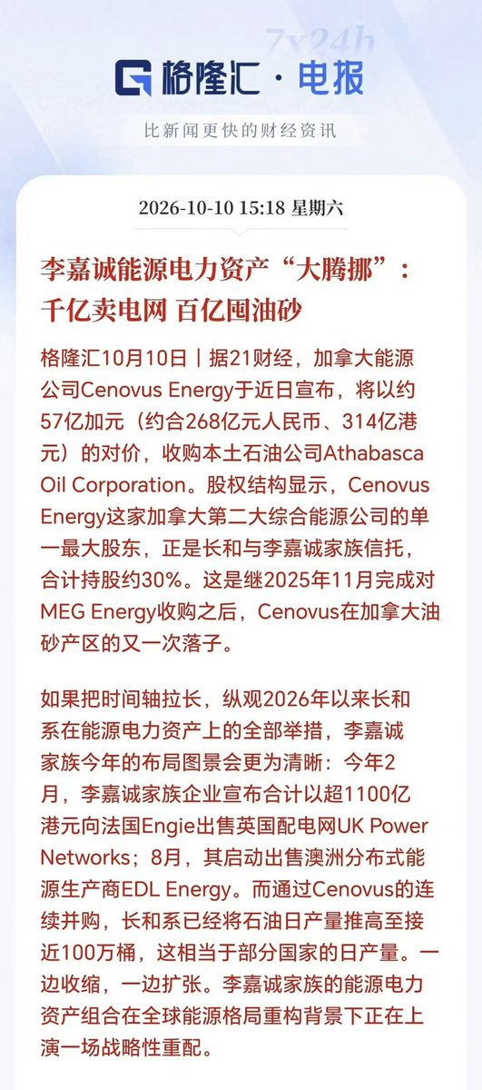 Young852560's tweet photo. 李嘉诚资产大腾挪，千亿卖掉电网，大手笔囤油砂，正式重仓石油资产

这下和巴菲特算是殊途同归

巴菲特布局西方石油已经数年，当初不少人看不懂，疑惑为何要卖出苹果去买石油，甚至觉得老爷子老糊涂了

回头再看，大佬早就看懂了剧本
全球格局重塑，接下来的大主线，能源为王 https://t.co/nvpYzx4n6n