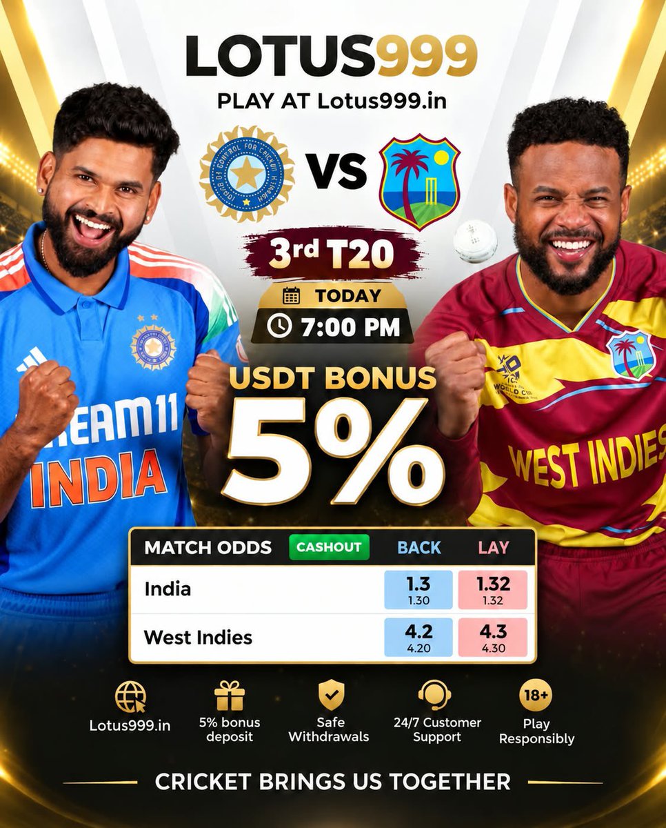 lotus999dotin's tweet photo. Catch India taking on West Indies live tonight at 7:00 PM with the best market odds!
S SPECIAL OFFER: Enjoy a 5% USDT Bonus when you deposit today!

Safe & Fast Withdrawals
Best Match Odds & Cashout Options
Visit https://t.co/GEZvFeCmUT and join the action now!
18+ Play Responsibly.

24/7 Customer Support on WhatsApp 👇

https://t.co/hh1wTYeDb5