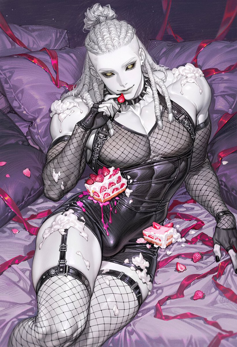 Un_jin_OAOa's tweet photo. 케이크 좋아해? Prompt

2::reclining diagonally across a messy bed::, head resting on soft pillows, upper body slightly raised, one knee bent, playful provocative gaze toward viewer, half-lidded eyes, mischievous smile, 2::black gothic fishnet fashion::, black fishnet bodysuit layered over a fitted black outfit, sheer mesh sleeves, fishnet stockings, black leather garter straps, silver buckles, spiked choker, fingerless gloves, 2::crushed strawberry cake resting against the waist and thighs::, 3::thick whipped cream smeared across the shoulders, collarbones, arms and thighs::, fluffy frosting, pink icing dripping over the outfit, strawberry slices and cake crumbs scattered across the body, one hand holding a strawberry near the lips, other hand resting on the pillow, partially crushed birthday cake beside the hip, rumpled lavender bedsheets, dark purple pillows, scattered red ribbons, 2::slightly elevated diagonal camera angle::, head-to-mid-thigh framing, character occupying approximately 70% of the composition, soft violet ambient lighting, muted pink highlights, black and lavender color palette, decadent birthday atmosphere, playful gothic sweetness, no text