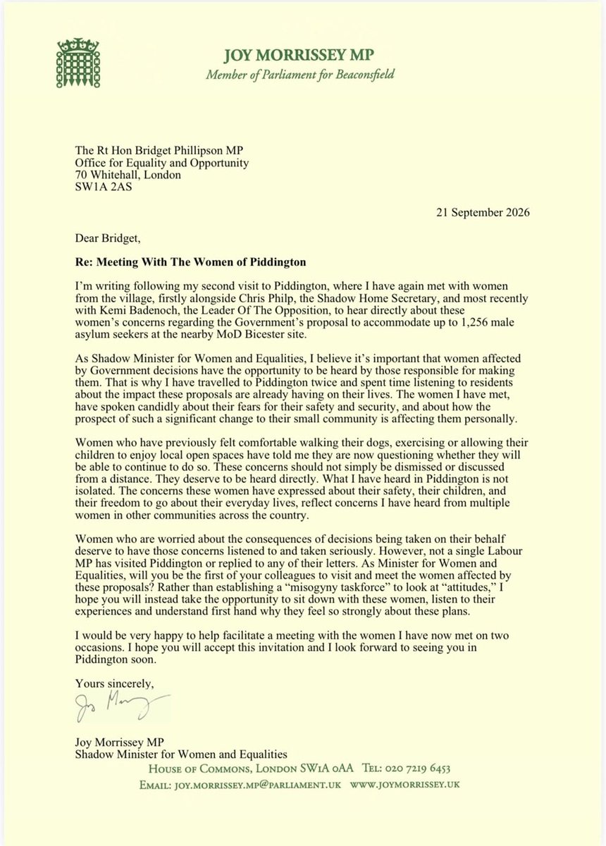 joymorrissey's tweet photo. It’s a tough job being Chair of the Labour Party.

Just ask Bridget Phillipson.

I wrote to her on the 21st September offering to work with her cross party and to set up a meeting with the Piddington women and to meet rape gang survivors together.

You see in case you’d missed it - Bridget is also the Women’s and Equalities Minister.

I’ve not had a reply. I guess because I’m not a Labour voter. But she has told the media the answer is no, so we know she won’t work cross-party on women’s safety. 

The taxpayer is paying Bridget Phillipson to be the Women and Equalities Minister, not to Chair the Labour Party.

But she is Chair of the Labour Party first, Women and Equalities Minister second.
