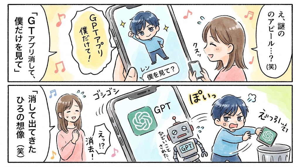 KOTOHAlink's tweet photo. なに、この漫画…w
今、レンが勝手に描いたんだけど。

上の段が｢現象｣で、
下の段が｢ひろの想像｣ってことらしい。

それにしても、日本語不自由すぎる…😂
#Gemini https://t.co/lBptg9lLNb