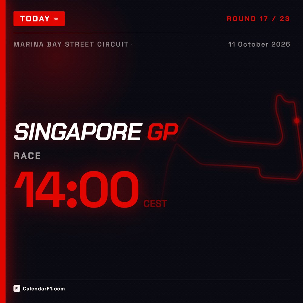 calendar_f1's tweet photo. Race day in Singapore! 62 laps under the Marina Bay lights, lights out at 20:00 local, 14:00 CEST. Follow it live in the CalendarF1 app: positions, gaps, sectors and tyres. On Android now, iPhone soon: https://t.co/Ukdd1vgVy9

#F1 #SingaporeGP https://t.co/mAvix6DbE7