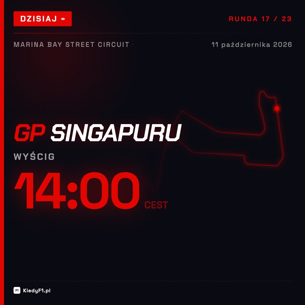 KiedyF1_PL's tweet photo. Dziś GP Singapuru! 62 okrążenia nocą pod reflektorami Marina Bay. Start o 14:00, transmisja w Eleven Sports 1. A w aplikacji KiedyF1 live timing: pozycje, odstępy, sektory i opony na bieżąco. https://t.co/DawdUqFkR4

#KiedyF1 #F1PL https://t.co/qFHHRgUMWe
