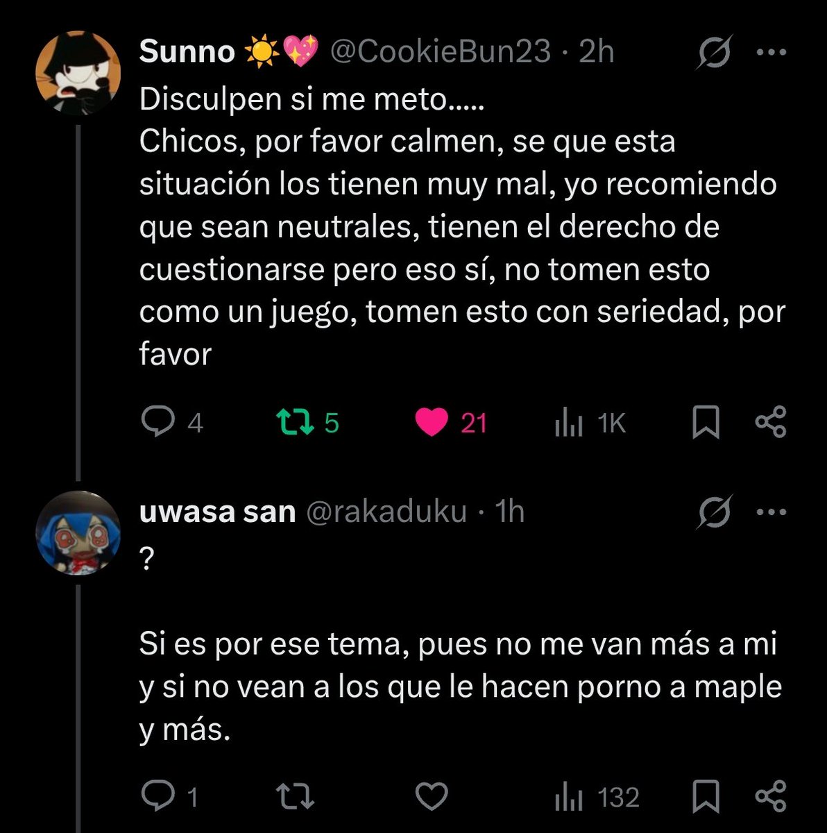 Sunffel's tweet photo. No estoy en a favor de ningun lado pero esto ya esta pura mierda, Insultar a alguien no te hace mejor persona. No se si estas drogado o por que solo hablas mierda. Dime que tiene que ver el porno de maple con esta situación?es que no entiendo nada😭 https://t.co/SGJFOvq3fO