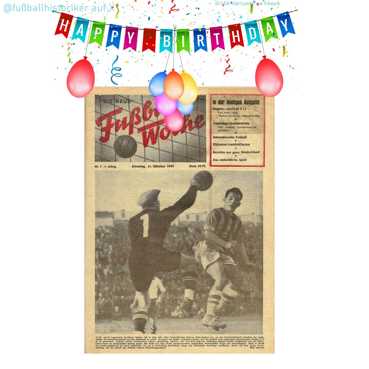 FussballDdr's tweet photo. 📌 11.10.49

Herzlichen Glückwunsch, Herz(ens)blatt: Die erste Ausgabe der „Neue Fußballwoche“ erscheint.

Sie berichtet vom Länderspiel Sachsen–Ungarn, von der Zonenliga sowie vom internationalen und westdeutschen Fußball.
Die „fuwo“ erscheint bis 1992.

Ein Stück Fußballgeschichte wird zum Dauerbegleiter.

#DDRFußballkalender #DDR #Fußballgeschichte #Fuwo #NeueFußballwoche #Fußballpresse