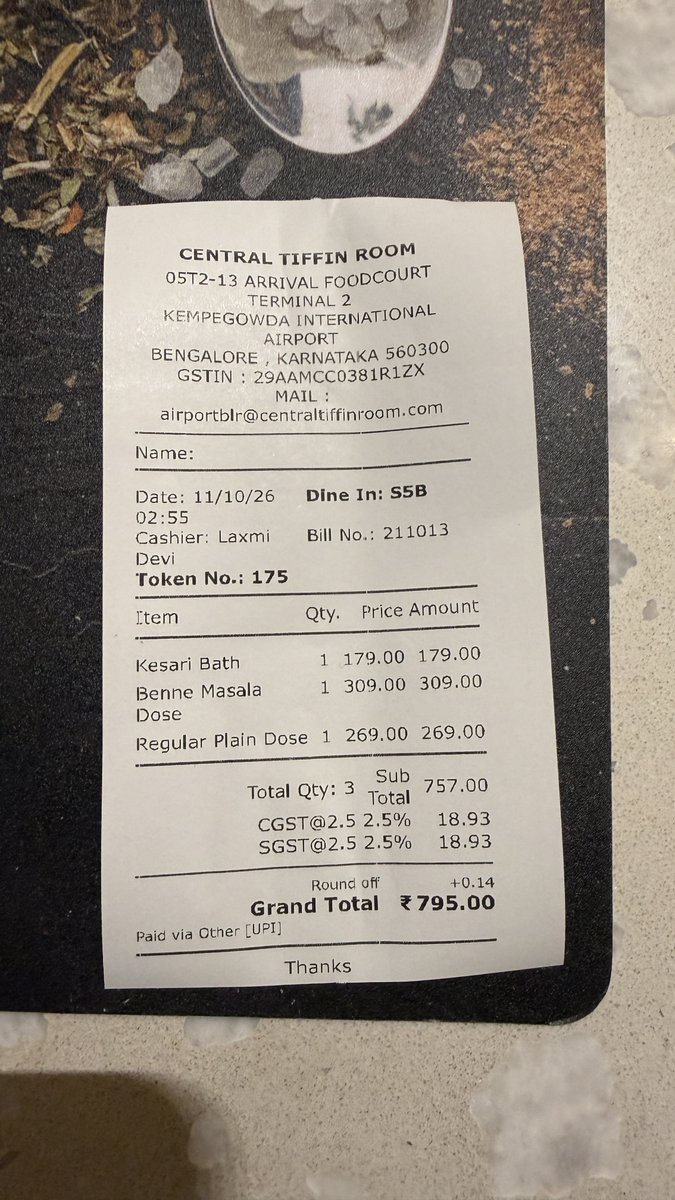 himalayanguy_7's tweet photo. Went to CTR last night and the dosa prices nearly gave me a heart attack. 

I'm so used to darshini prices in Bangalore that seeing what the same dosa costs here made me question my life choices. https://t.co/jOTXkPJtzo