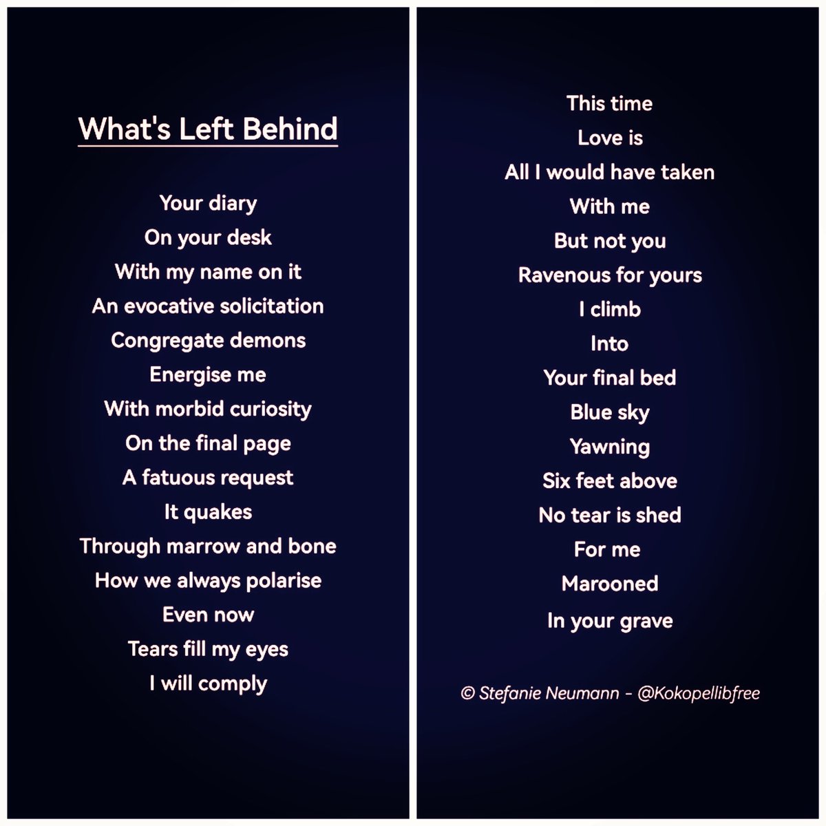 KokopelliBFree's tweet photo. #WritingCommunity #vss365 #BornBattleReady
@FoxProse
@OurPoetryX
-

What's Left Behind

Your diary
On your desk
With my name on it
An evocative solicitation
Congregate demons
Energise me
With morbid curiosity
On the final page
A fatuous request
It quakes
Through marrow...

1/3 https://t.co/b28B8CeFzQ