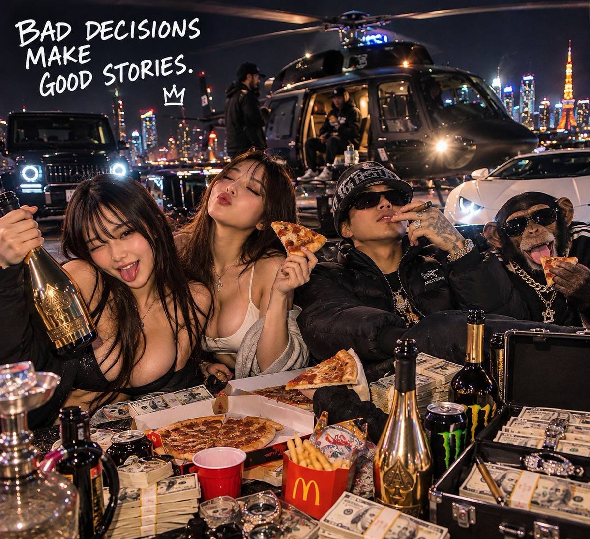 BoldCrabjray's tweet photo. We went out for pizza… 🍕😭

Somehow ended up with a helicopter, a million dollars, and a monkey wearing Gucci. 💀🐒

Nobody remembers who paid for the pizza.

#Funny #Viral #Memes #CrazyNight https://t.co/yR2wR97LLO