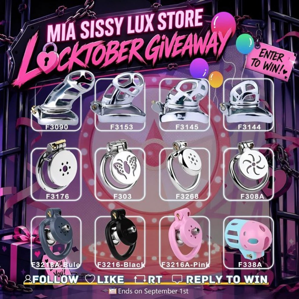 SissyLuxStore's tweet photo. 🔒 LOCKTOBER GIVEAWAY! 🔒

Locktober 2026 is here! Are you ready to choose the cage that will be part of your challenge? 👀

5 lucky winner gets their chosen cage COMPLETELY FREE for Locktober!🎉

How to Enter:
1️⃣ Follow 
2️⃣ Like &amp; RT 
3️⃣ Comment the cage model you want 👇 https://t.co/tAVw85uouG