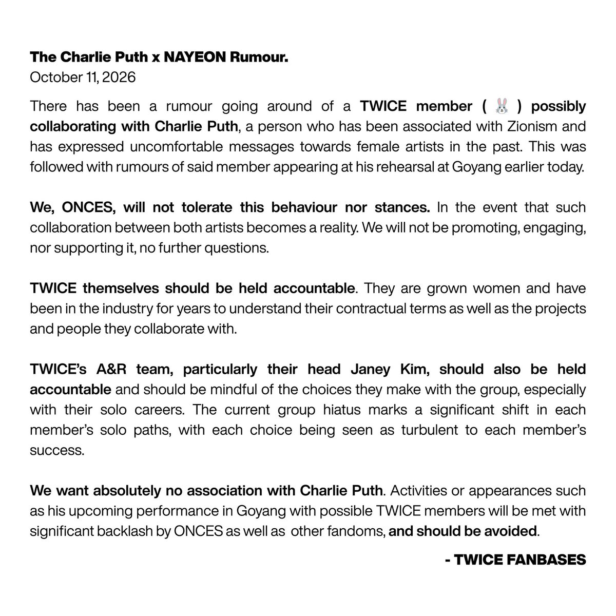 TWICEPopCrave's tweet photo. About NAYEON’s rumoured rehearsal earlier.

JYPE’s A&amp;R team as well as THE GIRLS themselve should be aware that choices like this will bring backlash and criticism towards the group.

We will not be engaging nor supporting this activity.

@JYPETWICE @jypnation https://t.co/0DVGUOwAgE