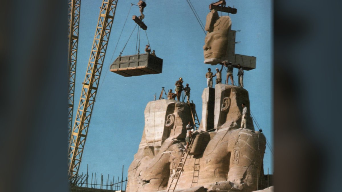 toofartoreturn_'s tweet photo. Abu Simbel: what our research found, and what nobody knows yet.

A 3,200-year-old temple was cut into 1,042 blocks and rebuilt about 210 feet higher, so a lake would not swallow it. And twice a year the sun still finds its way in.

WHAT RAMSES BUILT
- In the 13th century BC, Ramses II had two temples cut straight into a sandstone cliff in Nubia, near today's border between Egypt and Sudan.
- The facade of the Great Temple is about 108 feet high. Four seated statues of the king guard the door, each about 65 feet tall.
- Twice a year, at dawn, sunlight travels about 200 feet through the mountain and lands on three of the four statues in the sanctuary: Ramses, Amun and Ra-Horakhty. The fourth, Ptah, stays in the dark.
- The walls show Ramses crushing the Hittites at Kadesh (1274 BC). The real result was a draw. About 15 years later the war ended with the oldest peace treaty that survives.
- The smaller temple is for Queen Nefertari. Her statues are the same size as the king's, and the inscription on the facade says the sun shines for her.

LOST AND FOUND
- By the 6th century BC, sand already covered the statues to the knees. The temple was forgotten for more than 2,000 years.
- March 1813: the Swiss traveler Johann Ludwig Burckhardt saw the tops of the statues sticking out of the sand.
- August 1, 1817: Giovanni Belzoni's group dug an opening after 22 days of work. Giovanni Finati, one of the thinnest, went in first. He said the air inside was like a Turkish bath.
- September 14, 1822: drawings of the temple reached Jean-François Champollion in Paris. He read "Ramses" in a cartouche, then "Thutmose". That day he understood how hieroglyphs work. Nobody had read them in about 1,400 years.

THE DAM
- In 1960 Egypt began the Aswan High Dam. Its lake would leave the temples under nearly 200 feet of water.
- French Egyptologist Christiane Desroches Noblecourt convinced Egypt's minister of culture. On March 8, 1960, @UNESCO appealed to the world.
- Four plans competed: a giant dam around the temples ($82M), lifting them in one piece on hydraulic jacks ($62M), leaving them underwater behind glass ($14M), or cutting them into blocks ($36M).
- In June 1963 Egypt chose the Swedish plan: cut them up.

THE CUT
- To save the temples from a dam, they first built another dam: a dike 82 feet high, with pumps removing almost 800,000 gallons of water every hour.
- May 21, 1965: the first block came out. Each cut was a quarter of an inch wide. Blocks weighed 7 to 30 tons.
- Great Temple: 807 blocks. Small Temple: 235.
- The faces of the colossi were too heavy for the cranes, so the crown was cut off first. On October 16, 1965, the first face of Ramses, 19 tons, hung in the air from steel cables.
- April 16, 1966: the last block left, two weeks early. No block was seriously damaged. That August the lake covered the old site.

THE REBUILD
- New site: about 210 feet higher and about 650 feet back from the river.
- Every block had to return to its place within a fifth of an inch.
- Behind each temple, a concrete dome. On top, an artificial hill made with 300,000 tons of rock from the original site.
- One colossus had been broken by an earthquake in antiquity. Its head and torso were set back on the ground at its feet, exactly as the world had found them.
- Finished in the summer of 1968, 18 months early. Cost: almost $42 million, half from Egypt, half from about 50 countries.
- As thanks, Egypt gave away whole temples: Debod to Madrid, Dendur to New York, Ellesiya to Turin, Taffa to Leiden.

WHAT WE STILL DON'T KNOW
- Why those two days? Tradition says the king's birthday and his coronation. There is no direct evidence.
- Did the move shift the sun by one day? Today it happens on February 22 and October 22. It is often said that it used to be the 21st. We have not found any measurement that confirms it.
- How did his builders aim a mountain that precisely, more than 3,000 years ago?
- About 100,000 Nubians lost their land under the same lake. Their villages and cemeteries are still down there. Was the price too high?
- Is it still the same temple? Same stone. Different place.

The full story, in three parts:
Part 1: https://t.co/kRqSb1KGQv
Part 2: https://t.co/F2SiEnKbfs
Part 3: https://t.co/vxg6MnB5ot

#AbuSimbel #RamsesII #AncientEgypt #Egyptology #Archaeology #Engineering #History