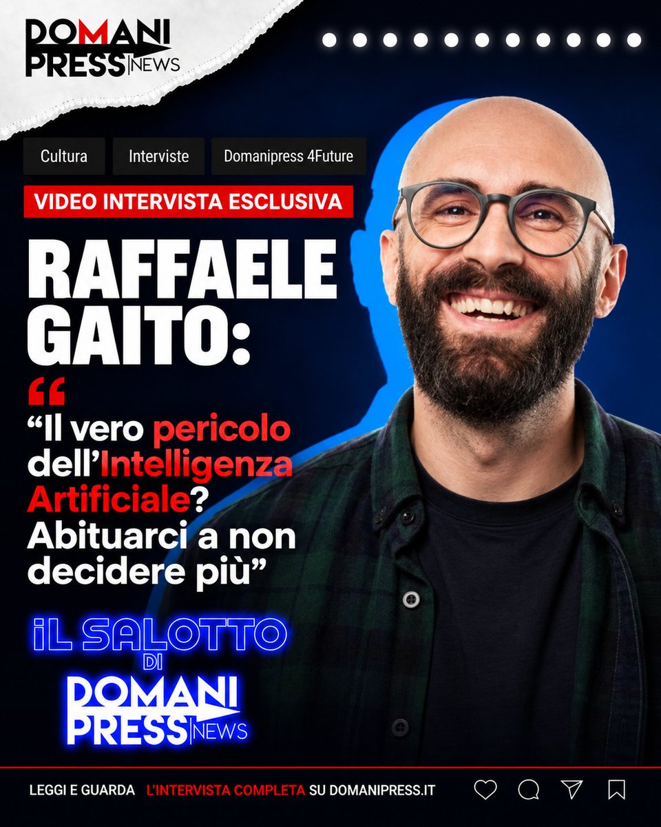 DomaniPress's tweet photo. 🔝👁📺 Abbiamo incontrato nel Salotto di #Domanipress #RaffaleGaito per costruire una vera e propria overview dell’#intelligenzaartificiale: capire dove siamo arrivati, quanto cambierà il lavoro, quali competenze diventeranno decisive. Leggi 👉 https://t.co/QlIoqqdiR1 https://t.co/u05R1v6qa7