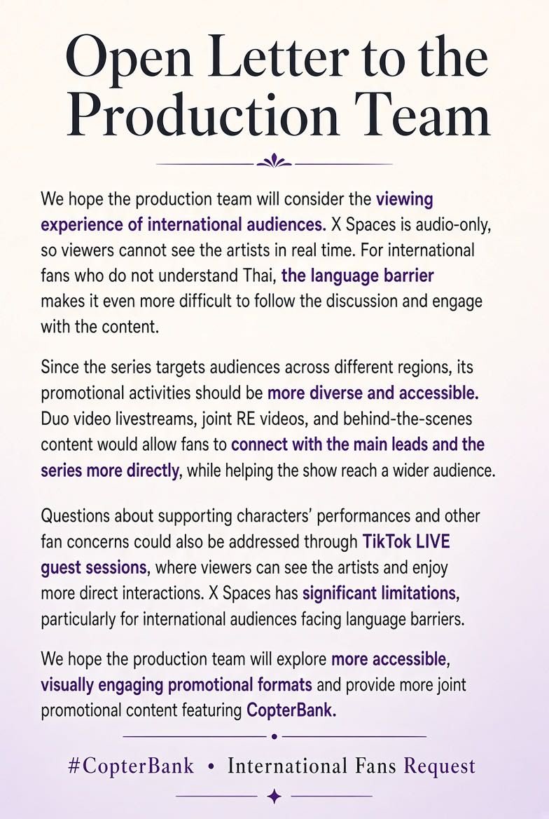 AthenaG27's tweet photo. @Tailai_ENT We hope the production team will listen to international fans and provide more accessible promotional content, especially more joint content featuring CopterBank. Thank you for listening to our feedback. 🤍@Tailai_ENT @iQIYITHOriginal 

#CopterBank #FoolInLove https://t.co/WfEfsIPRQ7