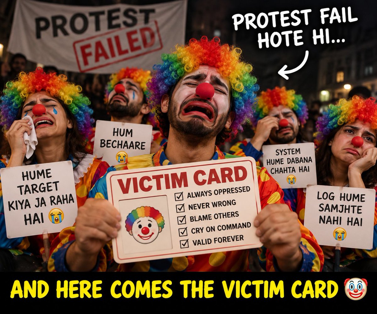 TheSepoyFiles's tweet photo. Protest fail hote hi in lodu logon ka move
VICTIM CARD ACTIVATED 🤡😭

Khud ki strategy flop, blame system pe https://t.co/PkXgN9AeC9