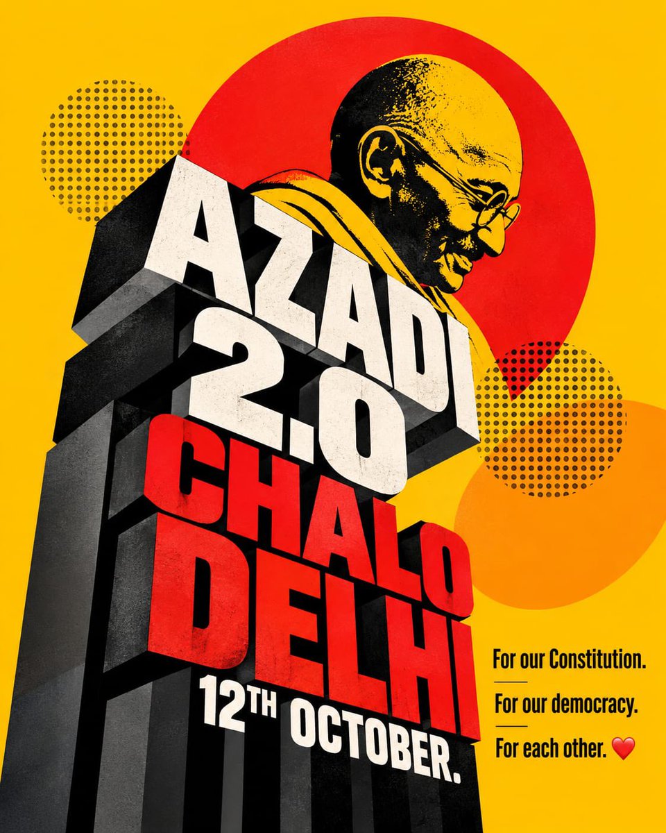 IYC's tweet photo. Our forefathers didn't fight for an India where ruling BJP decide whose voice matters.

They fought for an India that belongs to its people.

Our Constitution gives us the right to question those in power, protect our votes and stand against injustice.

12th October. Chalo Delhi. 🇮🇳

For our Constitution. For our democracy. For each other. ❤️