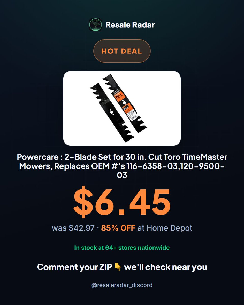 ResaleRadar8's tweet photo. $6.45 Toro TimeMaster blades at Home Depot (was $42.97). 85% markdown, 64+ locations stocked. Move fast. #Clearance #HomeDepot

Grab it today. Link in bio. #clearance #deals https://t.co/iHgUFhvFk1