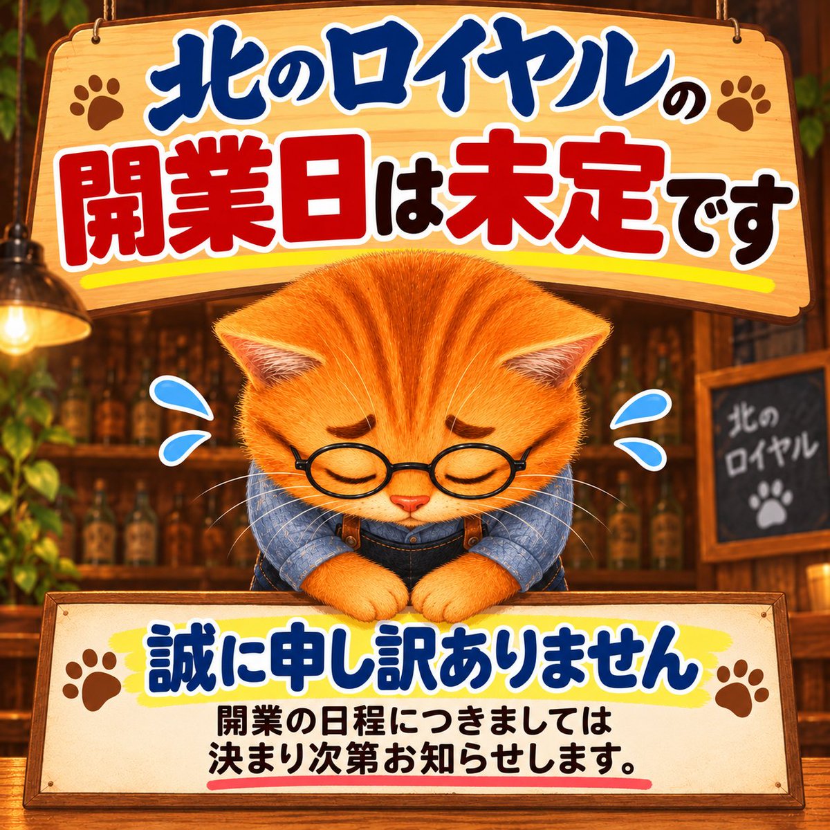 nakapon917's tweet photo. 先日、プレオープンをご案内した際に「グランドオープンは15日（予定）」とお伝えしました。

しかし現状、その日に開業できるのかわからない状態です。

もしかするとまたしばらく延期せざるを得ないかも知れません。

最悪、当日朝に開業をお知らせするかも知れません。

なぜこんな事になっているのか？これも���相手がある事なので言えないのが現状です。

ひとつ言い切れるとしたら北のロイヤルは「もうすぐ」間違いなく開業しますと言う事です。

ご迷惑、ご心配をお掛けして申し訳ありません。どうかよろしくお願い致します。