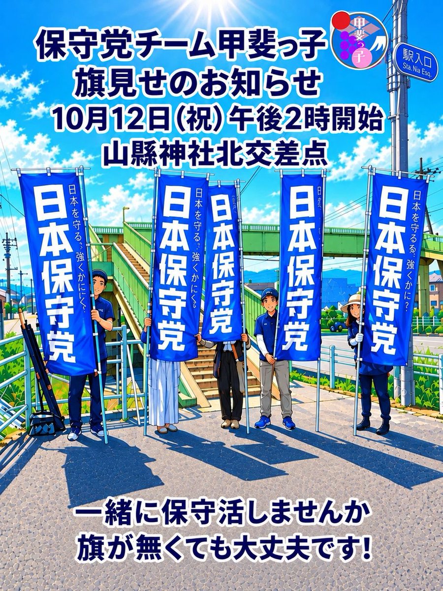 initialKM617's tweet photo. 日本保守党  山梨県ボランティアチーム保守党甲斐っ子🇯🇵

明日10月12日14時から
国道20号山縣神社北交差点にて旗見せします。

旗持ってない方、初参加、途中参加大歓迎👌 https://t.co/4FkSicKjw3