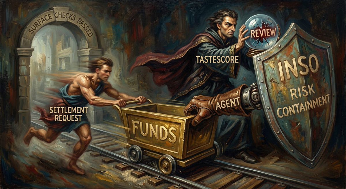 abiola_osuolale's tweet photo. A settlement request arrives at full speed.
Surface checks pass.
TasteScore scores the counterparty live, detects abnormal patterns, and issues REVIEW.
The agent holds. Risk stays contained by $INSO.
#TasteScore #AutonomousFinance #WalletSecurity https://t.co/mR2lvjIdzL