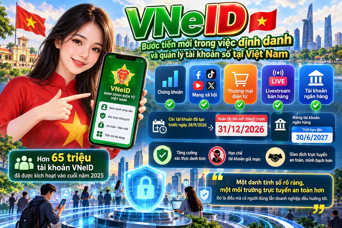 thanphu656's tweet photo. 🇻🇳 #VNeID – Bước tiến mới trong việc định danh và quản lý tài khoản số tại Việt Nam

Từ tài khoản chứng khoán, mạng xã hội đến các nền tảng thương mại điện tử, livestream bán hàng… việc liên kết với VNeID đang dần trở thành một yêu cầu quan trọng trong quá trình chuyển đổi số tại Việt Nam.

Theo thông tin được cung cấp, các tài khoản thuộc diện áp dụng đã tạo trước ngày 28/9/2026 cần hoàn tất liên kết, xác thực VNeID trước ngày 31/12/2026. Riêng tài khoản ngân hàng có thời hạn đến ngày 30/6/2027.

Mục tiêu của việc này là tăng cường xác thực danh tính, hạn chế tài khoản giả mạo và giúp các giao dịch trực tuyến trở nên an toàn, minh bạch hơn.

Với hơn 65 triệu tài khoản VNeID đã được kích hoạt vào cuối năm 2025, có thể thấy định danh điện tử đang ngày càng gắn liền với cuộc sống hằng ngày của người dân.

Chuyển đổi số đôi khi bắt đầu từ những việc rất nhỏ : xác thực một tài khoản, cập nhật thông tin hay làm quen với một ứng dụng mới. 

Nhưng khi được triển khai đồng bộ, những thay đổi ấy có thể tạo nên một môi trường số đáng tin cậy hơn cho tất cả mọi người.

Một danh tính số rõ ràng, một môi trường trực tuyến an toàn hơn – đó là điều mà cả người dùng lẫn doanh nghiệp đều hướng tới.

AE ĐÃ THỰC HIỆN CHƯA ??