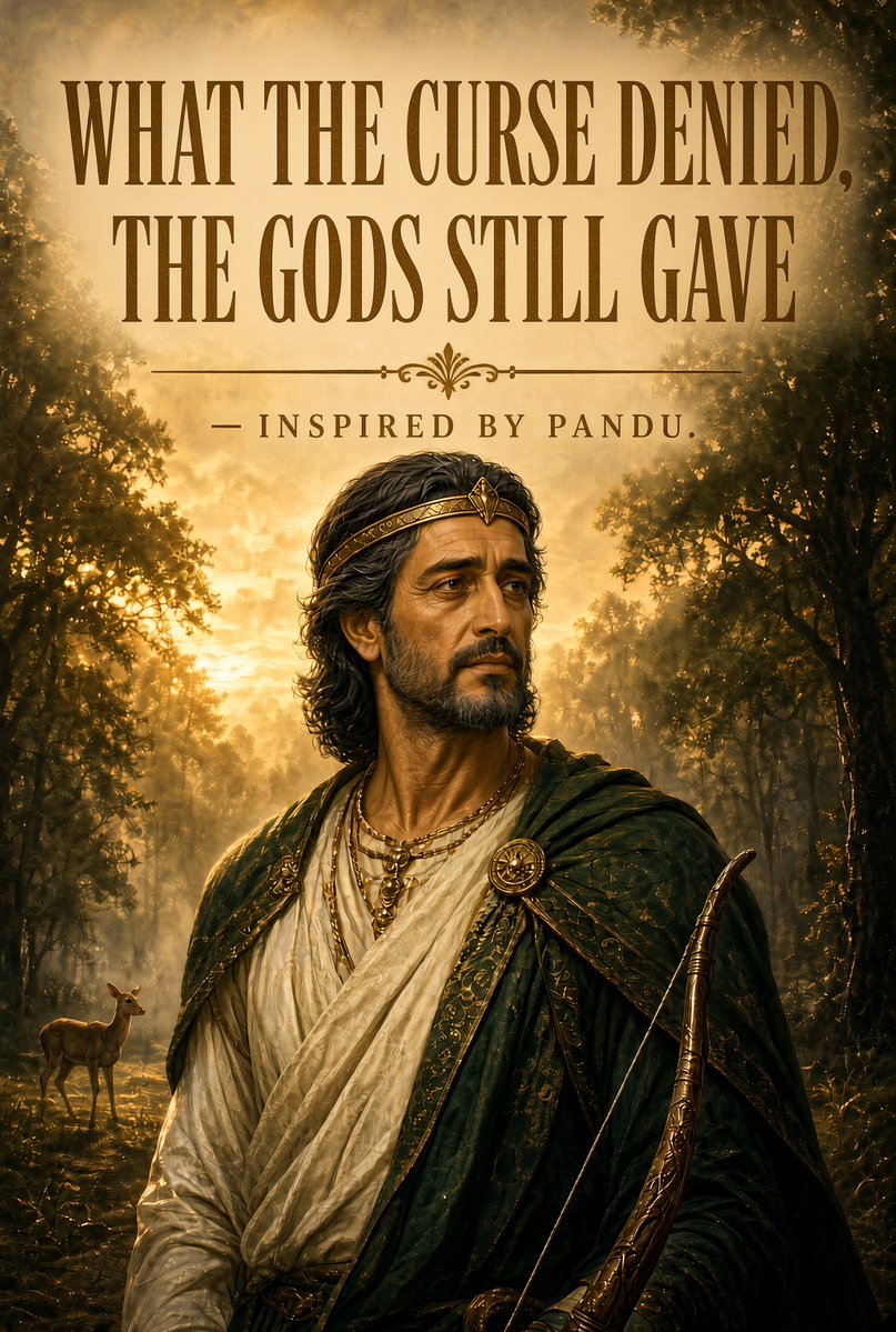 Imagine_Bharat's tweet photo. Pandu 

The king who could not father children, and the father who raised five legends

Some kings in the Mahabharata are defined by their conquests.
Some by their wisdom.
Pandu is defined by a curse—and by the children he raised without fathering them.
Son of Vyasa and Ambalika through the practice of niyoga, Pandu is born pale, a consequence of his mother’s fear during conception. He becomes king of Hastinapura after his brother Dhritarashtra, blind from birth, is deemed unfit to rule. Pandu is a capable, ambitious monarch, expanding the Kuru kingdom through conquest and diplomacy. He marries twice: first to Kunti, princess of Kunti, and later to Madri, princess of Madra.
But his greatest test comes not on the battlefield, but in the forest.

During a hunting expedition, Pandu mistakes a sage and his wife for deer and shoots them with an arrow. The dying sage curses him: if Pandu ever attempts to have children with his wives, he will die instantly. The curse is devastating for a king whose primary duty is to produce heirs.

Stricken with grief and guilt, Pandu renounces the throne and retreats to the forest with his wives, living a life of austerity and penance. He becomes a king without a kingdom, a father without the ability to father children.

Yet, through the practice of niyoga—a Vedic tradition allowing a woman to conceive through a chosen man when her husband is unable—Pandu’s wives bear sons. Kunti, who carries a boon from the sage Durvasa allowing her to invoke any god, calls upon Dharma, Vayu, and Indra, giving birth to Yudhishthira, Bhima, and Arjuna. Madri invokes the Ashwini Kumaras, bearing the twins Nakula and Sahadeva.

Pandu raises these five boys as his own, teaching them the values of dharma, courage, and brotherhood. He is a father in every way that matters—guiding them, protecting them, shaping them into the warriors and kings they will become. But he never escapes the curse.

One day, overcome by desire, Pandu approaches Madri. The curse takes effect. He dies in her arms, leaving behind five sons and two widows. Madri, unable to bear the guilt, immolates herself on his funeral pyre, entrusting her twins to Kunti’s care.

Pandu’s death sets in motion the chain of events that will define the Mahabharata:

The Pandavas return to Hastinapura, where they face the jealousy and hostility of Duryodhana.

The dice game, the exile, and the war all trace their roots back to the vacuum created by Pandu’s absence.

The rivalry between the Pandavas and Kauravas is, at its heart, a story of two branches of the same family—descendants of Pandu and Dhritarashtra.

Pandu’s life is a study in paradox:

A king who loses his throne through no fault of his own.

A father who cannot father children, yet raises five of the greatest heroes of the age.

A man whose curse becomes the seed of an epic.

In the Mahabharata’s vast cast of kings and sages, Pandu stands apart:
The ruler who chose penance over power.
The father whose legacy is not blood, but love and duty.
The king whose death gave birth to a war.

#Mahabharata #Pandu #Pandavas #Kunti