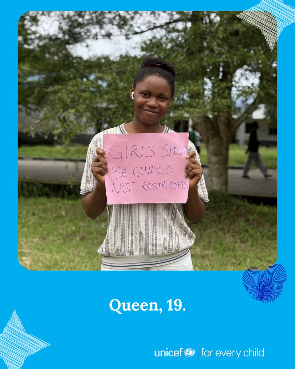 UNICEF_Nigeria's tweet photo. Girls should be guided, not restricted. Their voices should be heard, and their dreams should have room to grow.
This #InternationalDayoftheGirlChild, let’s listen to girls and help create a future without limits. 💙

#IDG2026 #GirlsGoals https://t.co/Uk3xrM2qCV
