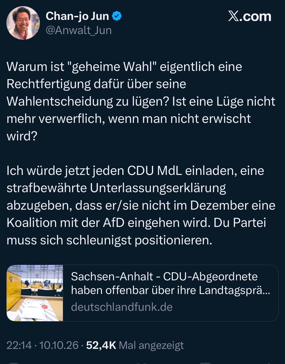 DrPuerner's tweet photo. Strafbewährte Unterlassungserklärung fürs Stimmverhalten?! Jedes Mal, wenn ein Anwalt Verfassungsrecht durch Zivilrecht ersetzen will, bekommt ein Juraprofessor Ausschlag. 
Es gilt das Freie Mandat.

Wer glaubt, man könne Abgeordnete per Unterlassungserklärung an die Kandare nehmen, hat Art. 38 GG nicht verstanden.