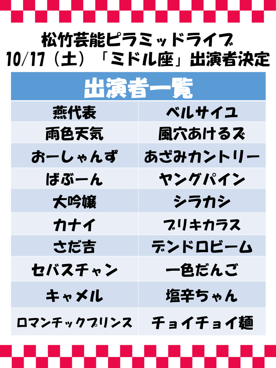 shochiku_geino's tweet photo. 📣＼出演者決定！／
「ミドル座」
10/17(土）開場11:40/開演12:00
会場：ばぐちか

今月のミドル座の出演者計20組が決まりました！一覧は画像をチェック！

【出演者】
燕代表/雨色天気/おーしゃんず/ばぶーん/大吟嬢/カナイ/さだ吉（かおる・青木洸太）/セバスチャン/キャメル/ロマンチックプリンス/ベルサイユ/風穴あけるズ/あざみカントリー/ヤングパイン/シラカシ（しまちゃん/ナカゴミユウタ）/ブリキカラス/デンドロビーム/一色だんご/塩辛ちゃん/チョイチョイ麺
※10月トップ座から降格のコイヌマンですが、都合により休演となります。

チケット販売🎫
前売1500円
当日2000円
チケット発売中！
https://t.co/zDalmm84AD