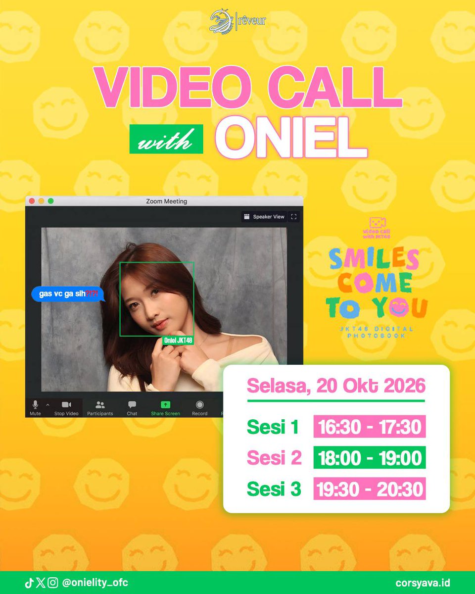 onielity_ofc's tweet photo. Berikut adalah jadwal VC  bu boss @C_OnielJKT48
di bulan Oktober 2026 “Smiles Come to You”

🗓️Selasa, 20 Oktober 2026
Sesi 1: 16.30 - 17.30 WIB
Sesi 2: 18 00 - 19.00 WIB
Sesi 3: 19 30 - 20.30 WIB

Pre Order untuk OFC dapat mulai dibeli tanggal 12 Oktober 2026 jam 20.00 WIB dan pembelian umum tanggal 13 Oktober 2026 jam 20.00 WIB.

Sampai bertemu di waiting room, Nieltizen! 😉