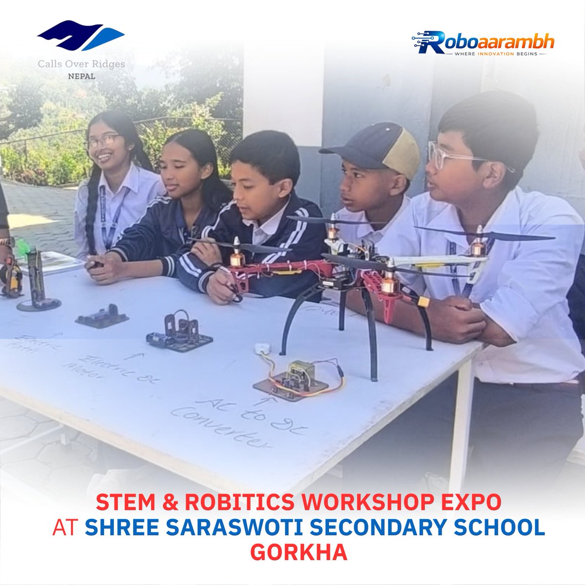 roboaarambh's tweet photo. 7-Day STEM & ROBOTICS WORKSHOP | EXHIBITION DAY | Shree Saraswoti Secondary School, Gorkha
Roboaarambh × GBS Team × Calls Over Ridges Nepal
#Roboaarambh #GBSTeam #CallsOverRidgesNepal #STEMEducation #RoboticsWorkshop #StudentInnovation #ProjectExhibition #HandsOnLearning https://t.co/jcFaA8Ho2k