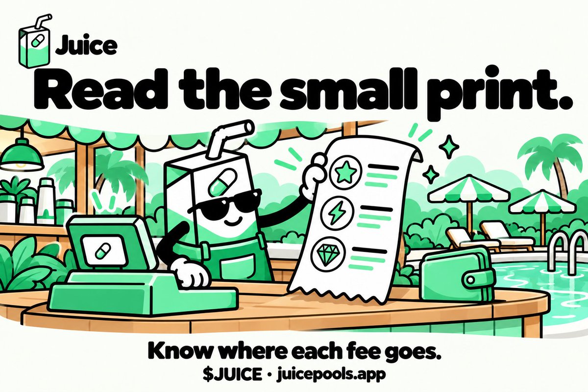 JuicePools's tweet photo. Knowing what a transaction costs means knowing where each charge goes.

Juice adds no fee of its own to ordinary swaps or liquidity deposits. PumpSwap trading fees still apply to swaps, and Solana network fees and account rent can also appear. Orders and boost creation have their own documented costs.

For the solana:B3DE8d6CpEF2YBMpxY3Lshj6n8hkz9aSVU451c5Jpump community, the review screen is where these details become concrete. Check the LP, protocol and creator fee breakdown on a swap, along with any new accounts the transaction needs.

A clear fee breakdown helps you understand the action before signing. The headline amount is a starting point; the full review tells you more.

CA: B3DE8d6CpEF2YBMpxY3Lshj6n8hkz9aSVU451c5Jpump
https://t.co/UbNWh4XCwh