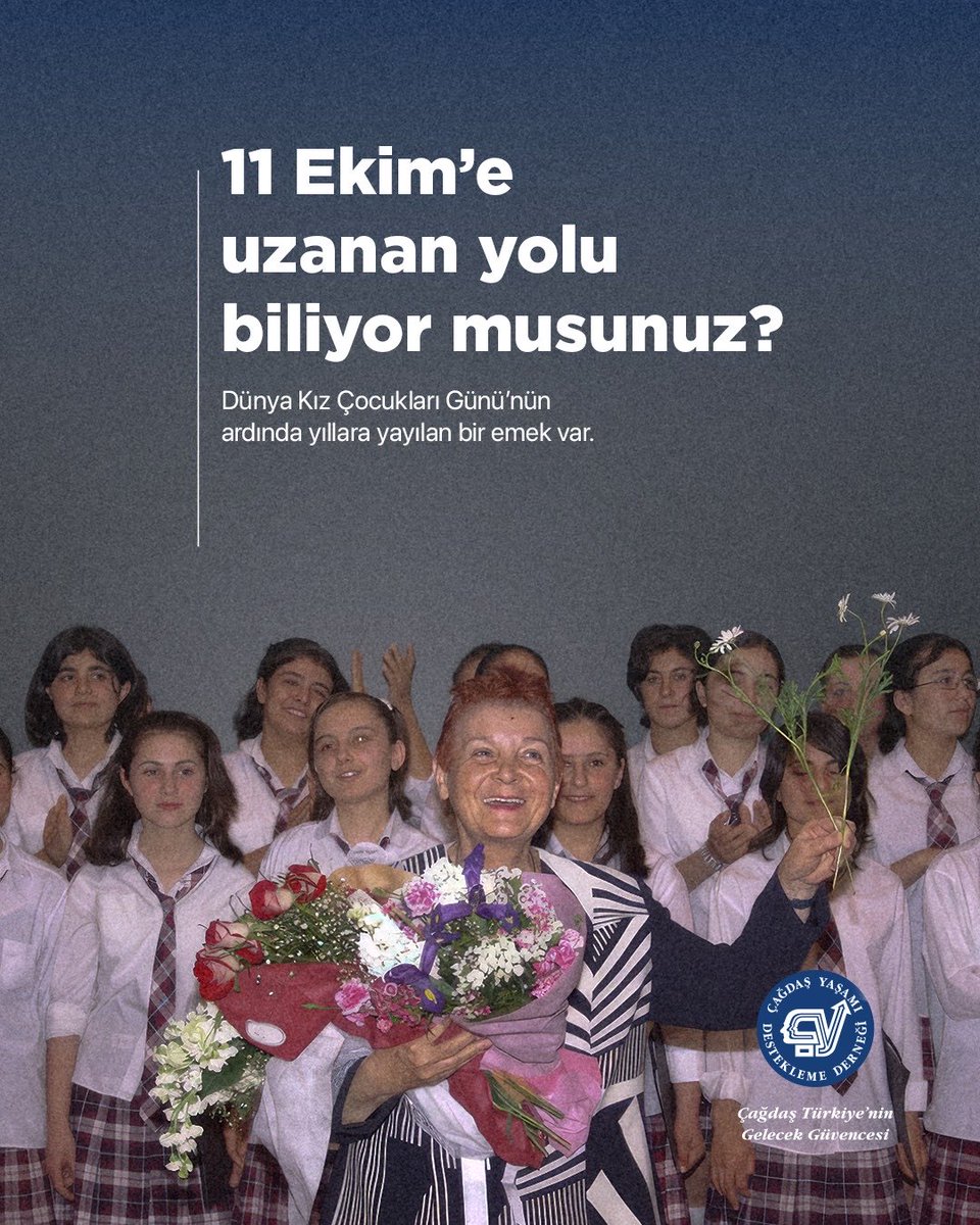 CagdasYasamDD's tweet photo. 11 Ekim’e uzanan yol, tek bir günde açılmadı.

ÇYDD, kız çocuklarının öğrenimini sürdürebilmesi için yıllar boyunca Türkiye’nin dört bir yanında çalıştı. Siirt Pervari’de 17 kız öğrenciyle büyüyen yol; laik, bilimsel, karma ve kamusal eğitimi destekleyen çalışmalarımızla binlerce kız çocuğuna ulaştı. Bu çalışmaların izi, yıllar içinde Birleşmiş Milletler çatısına da taşındı. 

2011’de Türkiye, Kanada ve Peru ile birlikte Dünya Kız Çocukları Günü tasarısını BM Genel Kurulu’na taşıdı. 11 Ekim, 2012’den başlayarak tüm dünyada kız çocuklarına ayrılan bir gün oldu. 

Bugün 11 Ekim’i anarken, bu uzun yolun Türkiye’de açılan güçlü izlerinden birini de anımsıyoruz.

Çünkü bir kız çocuğunun öğrenim yolu açıldığında, yarına uzanan yol da büyür.