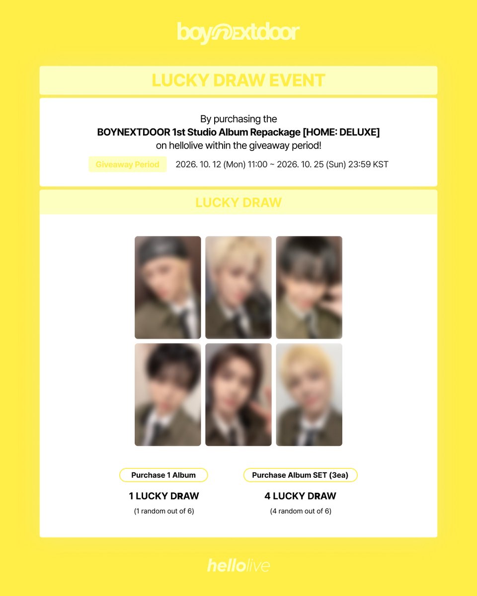 hellolivetv's tweet photo. #hellolive_NEW
BOYNEXTDOOR 1st Studio Album Repackage [HOME: DELUXE]
🚪LUCKY DRAW EVENT🚪

🔗 https://t.co/CXQzYDA8aI
🌐 https://t.co/Yk9jyvJb0v

🎁hellolive Exclusive Unreleased Photocard

#BOYNEXTDOOR #HOME_DELUXE
#hellolive #헬로라이브 https://t.co/b0xzsTeZrJ