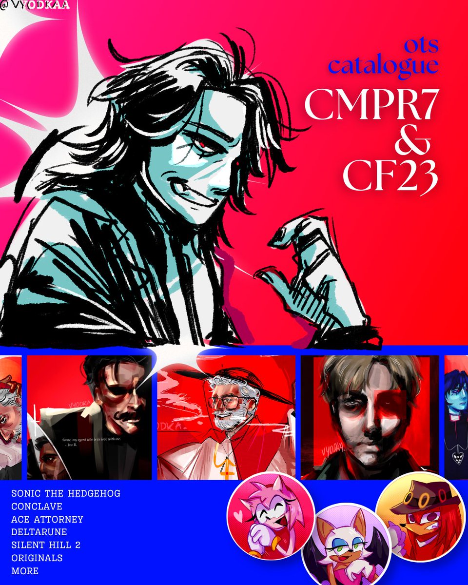 vyodkaa's tweet photo. VYODKA OTS?!🥃
#CF23 &amp; #COMIPARA7 
📍Both Days
🎭 CF23 -- mid n evil (O47-48) 
🎲 CMPR7 -- Mixcu (H-23)

(some items are exclusive in cf23 only, all items are limited in stock) 

Fandoms: Sonic, Conclave, Deltarune, Ace Attorney, Silent Hill 2, Originals. https://t.co/yCkC5FOOsj