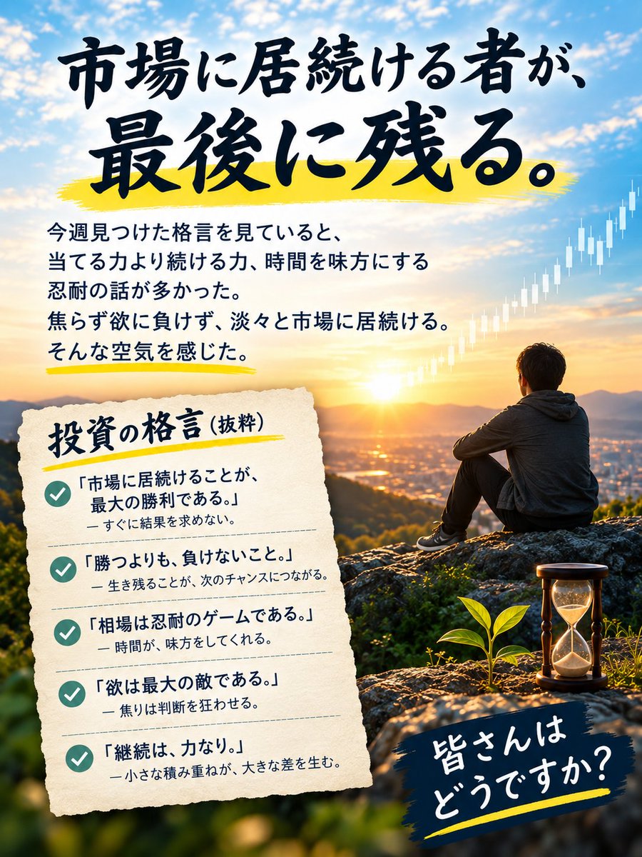 RootCauseFX's tweet photo. 市場に居続ける者が、最後に残る。

今週見つけた格言を見ていると、当てる力より続ける力、時間を味方にする忍耐の話が多かった。焦らず欲に負けず、淡々と市場に居続ける。そんな空気を感じた。皆さんどうですか？