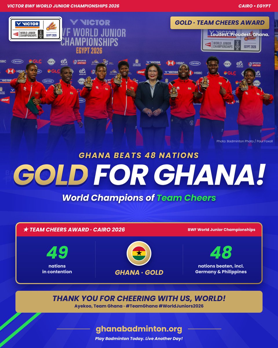 GhanaBadminton's tweet photo. And it's Gold for Ghana  
#badminton #bwfmedia #sports #garyalsmith #fentuo_ #saddickadams #Ghana #TeamGhana #Accra #Africa #GhanaBadminton #Badminton #BWF #WorldJuniors2026 #BWFWorldJuniors #TeamCheers #Cairo2026 https://t.co/8CVJJWXdK2