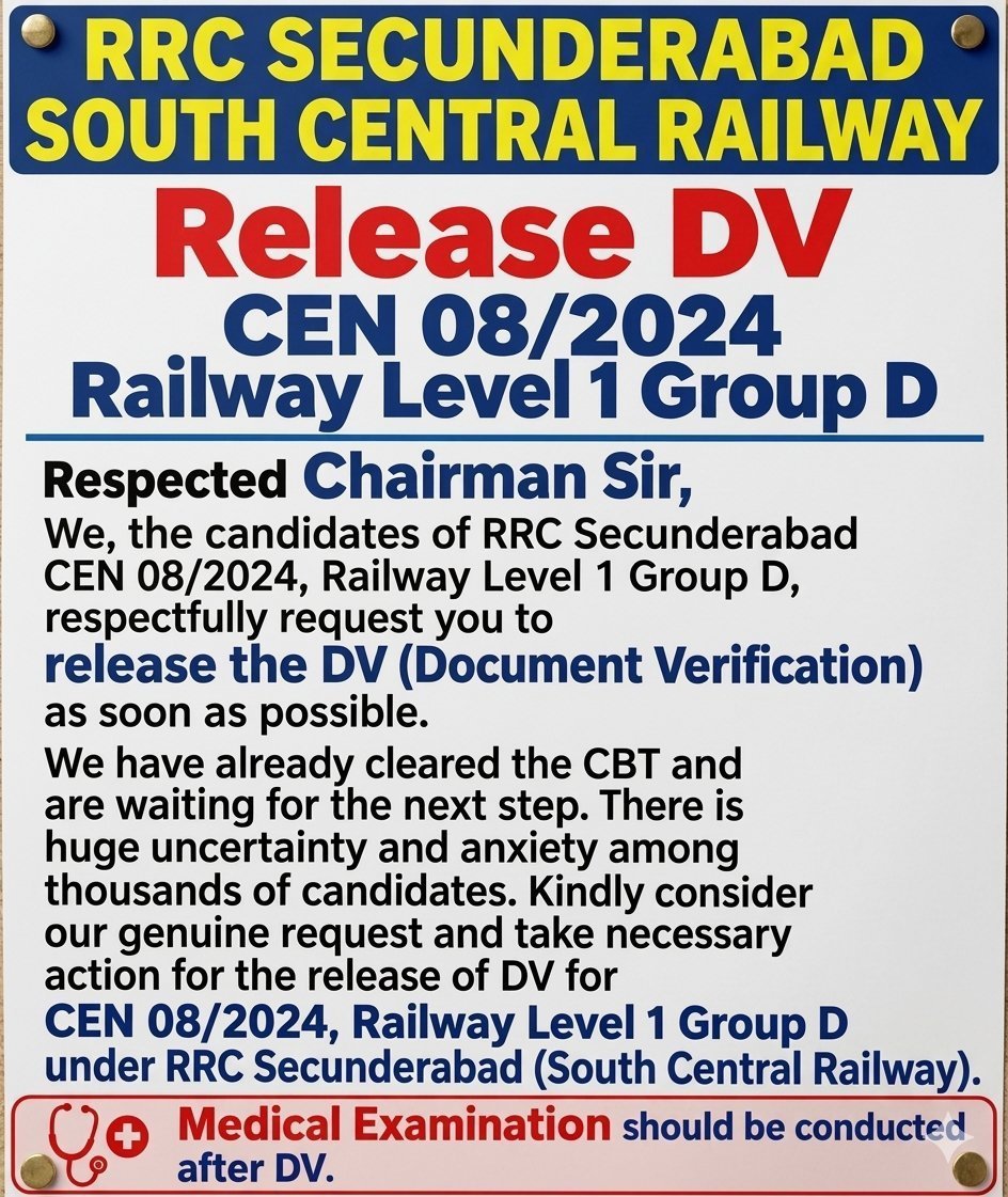 Meenusuzi123's tweet photo. CEN 08/2024 RAILWAY LEVEL 1 GROUP D, RELEASE THE DV And Medical examination as soon as possible🙏

@RailMinIndia
 @SCRailwayIndia
 @gmscrailway
 @drmsecunderabad
 🙏 Honorable request Sir 🙏

#CEN082024_DV_RESULT_DO https://t.co/2YyB1amaST