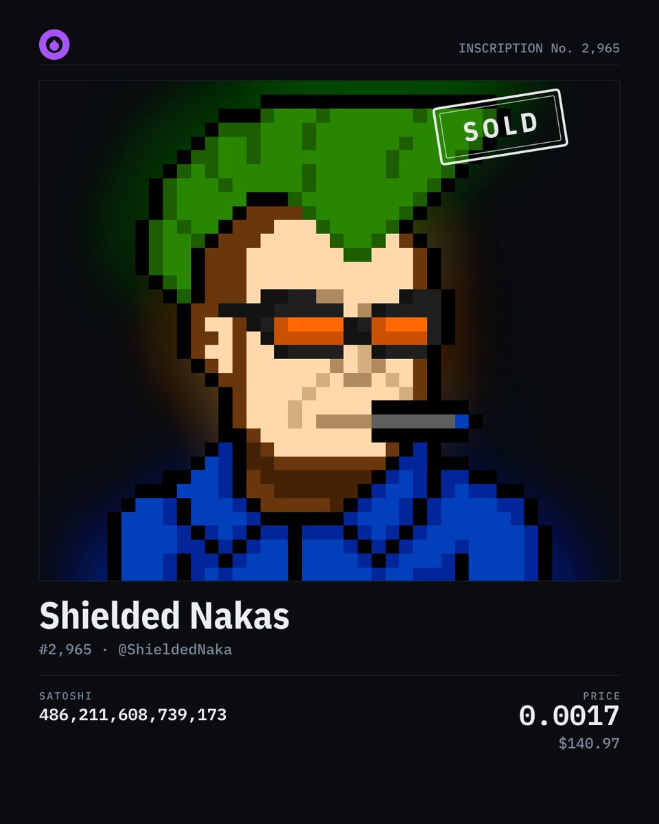 Ord_Dropz's tweet photo. Secondary market sale!

Shielded Nakas #2,965 | @ShieldedNaka
170,000 sats (0.0017 BTC) https://t.co/G0ivWSEzWh