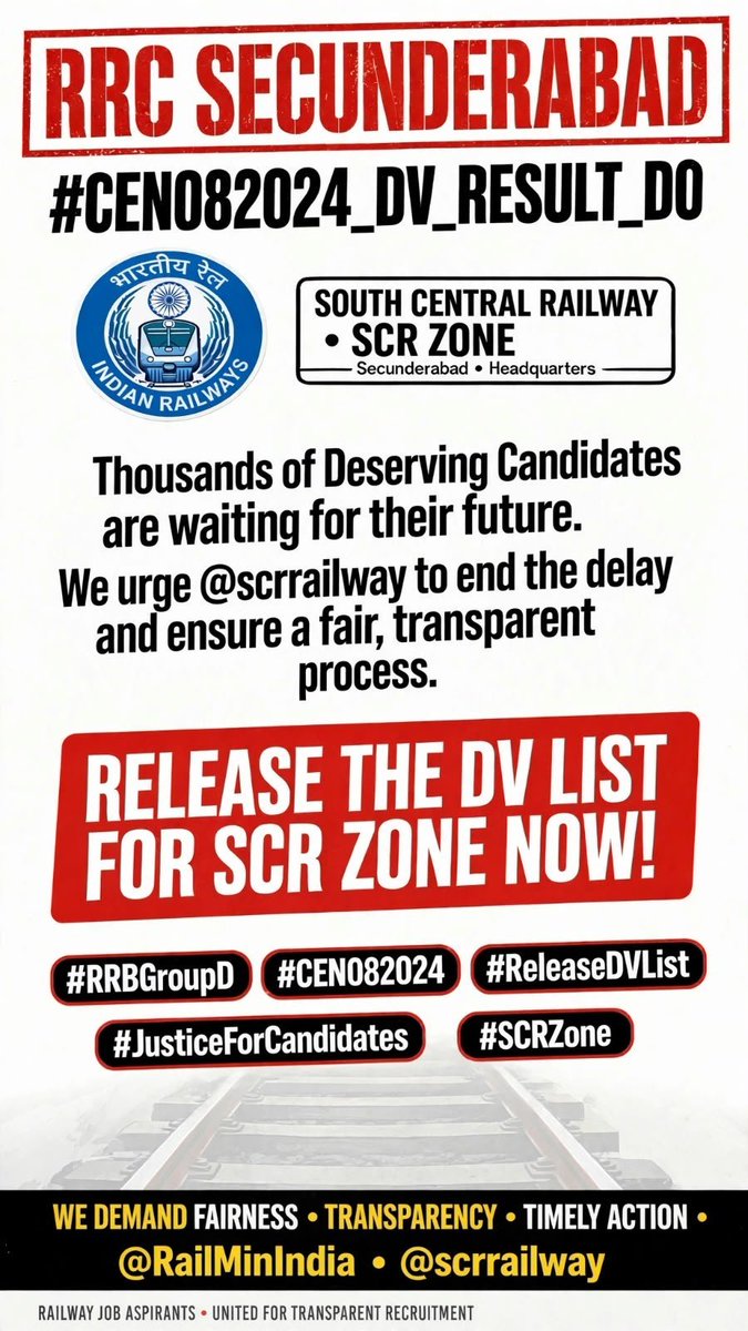 Meenusuzi123's tweet photo. CEN 08/2024 RAILWAY LEVEL 1 GROUP D, RELEASE THE DV And Medical examination as soon as possible🙏

@RailMinIndia
 @SCRailwayIndia
 @gmscrailway
 @drmsecunderabad
 🙏 Honorable request Sir 🙏

#CEN082024_DV_RESULT_DO https://t.co/xLOMuyvUyf