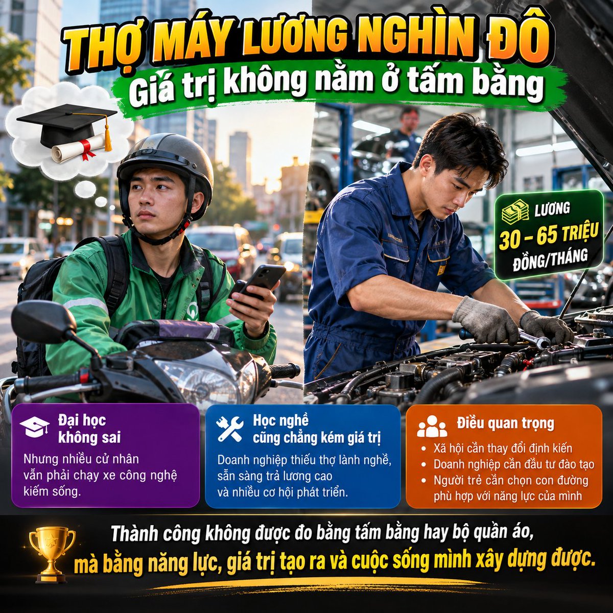 thanphu656's tweet photo. Thợ Máy lương nghìn đô – Giá trị không nằm ở tấm bằng

Có 1 nghịch lý đáng suy ngẫm : nhiều cử nhân phải chạy xe công nghệ kiếm sống, trong khi doanh nghiệp thiếu thợ lành nghề, sẵn sàng trả lương 30–65 triệu đồng/tháng.

Đại học không sai, học nghề cũng chẳng kém giá trị. Điều quan trọng là xã hội cần thay đổi định kiến, doanh nghiệp cần đầu tư đào tạo và người trẻ cần chọn con đường phù hợp với năng lực của mình.

Một người thợ giỏi hoàn toàn có thể có thu nhập tốt và sự nghiệp vững vàng.

 👉Nói dễ hiểu hơn thì : Thành công không được đo bằng tấm bằng hay bộ quần áo, mà bằng năng lực, giá trị tạo ra và cuộc sống mình xây dựng được.